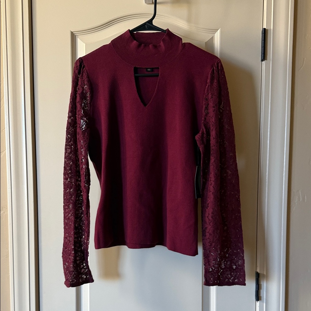 BOLD elements Deep Red Lace Sleeve Blouse - Burgundy (WINE) color XL